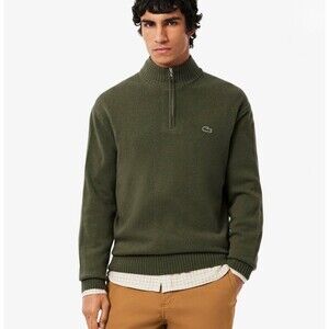 Lacoste Size L (7) Sweater 100% Cotton 1/4 Zip Mock Neck Olive Green Preppy